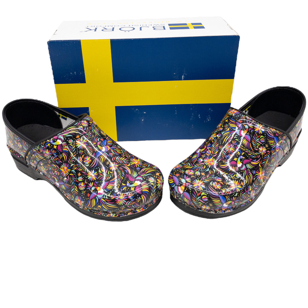 Bjork Floral Bird Araceli Patent Leather Professional Nursing Clogs 7 7.5 Womens